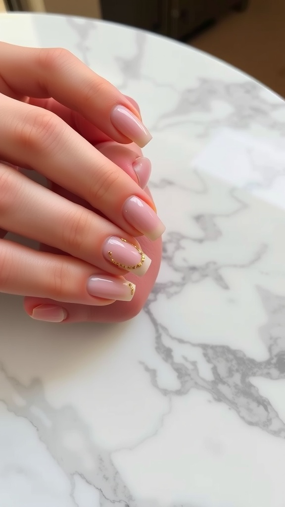 Nude nails with gold accents on a marble surface