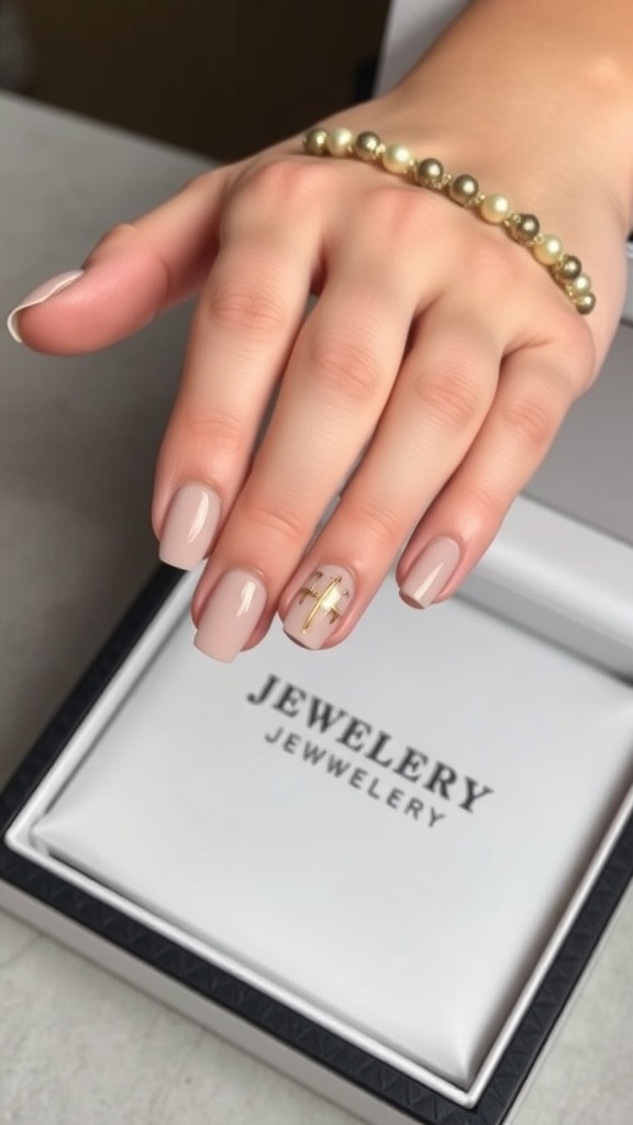 Nude nails with gold metallic accents on a hand resting on a jewelry box