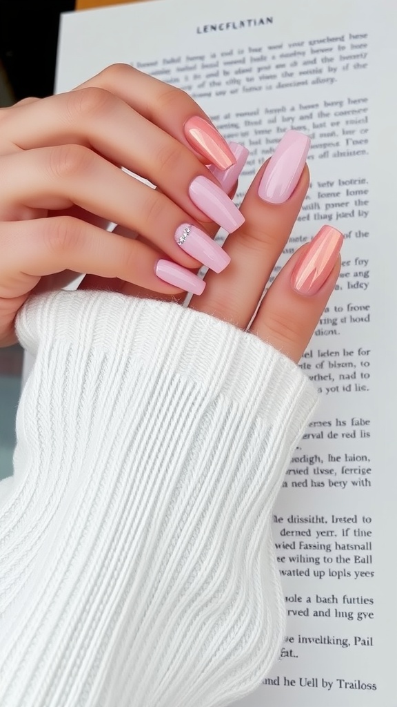 A hand with nude pink chrome nails, featuring a shiny finish and a small gem on one nail.