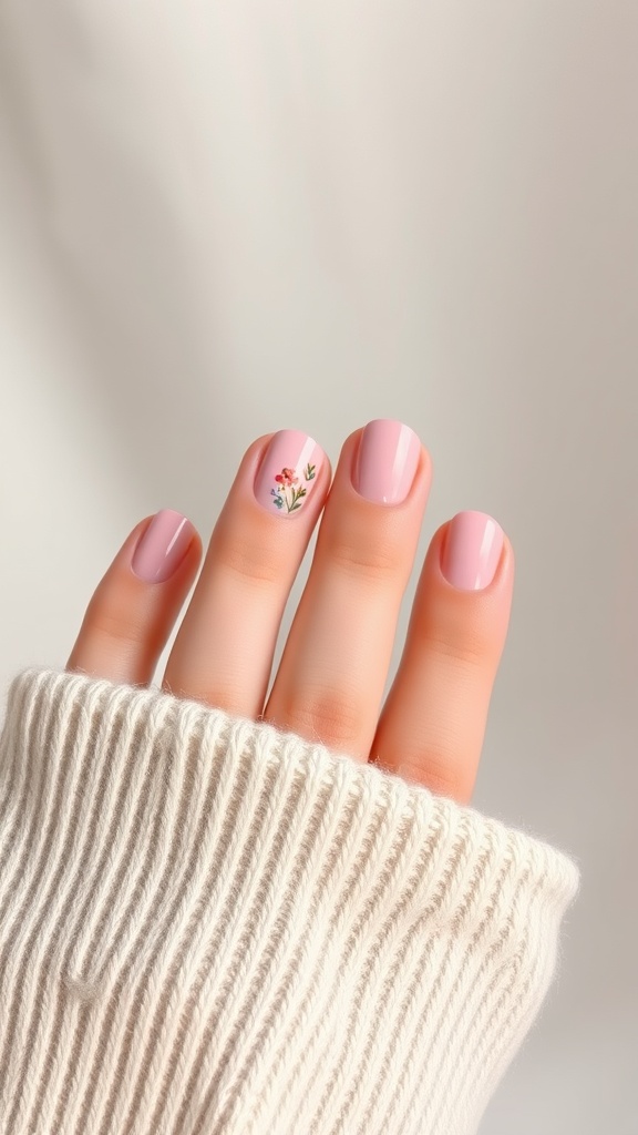 Nude pink chrome nails with floral art design