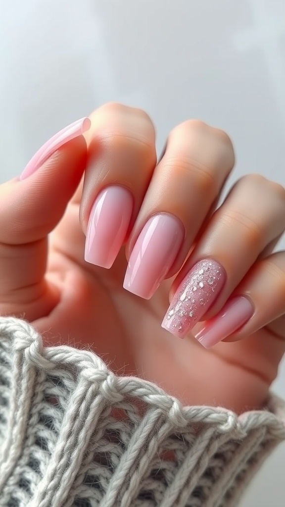 Nude pink chrome nails with glitter accents