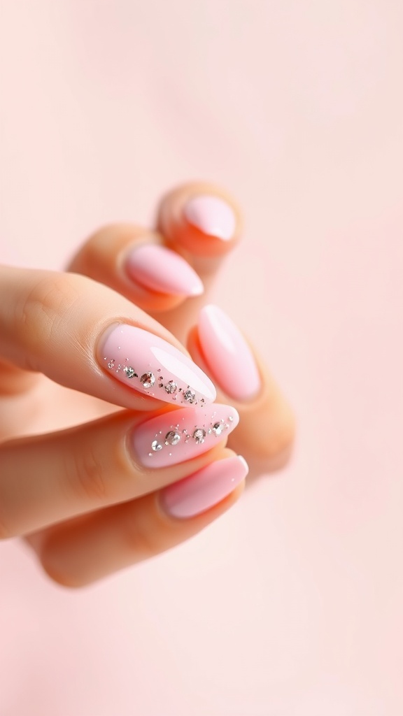 Close-up of nude pink chrome nails with glitter accents