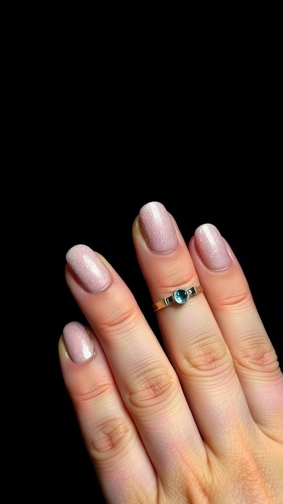 Nude pink chrome nails with a matte topcoat, elegantly styled on fingers.