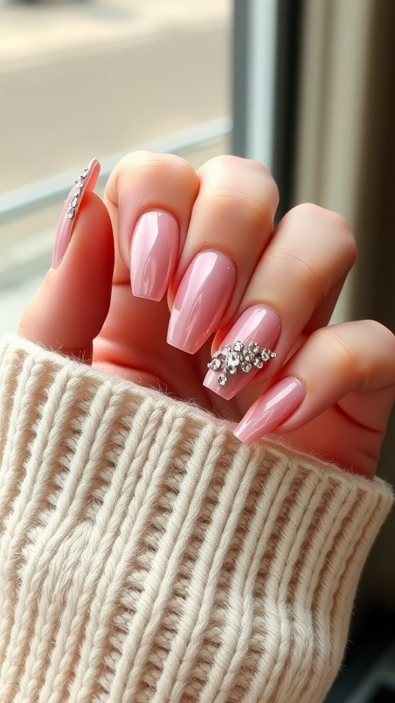 Nude pink chrome nails adorned with rhinestones