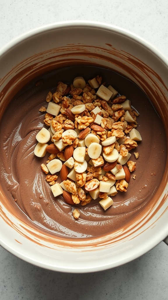 A bowl of chocolate batter with chopped bananas, almonds, and granola on top.