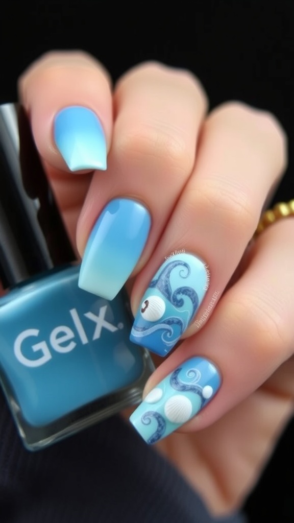 Ocean-inspired gel nails with shades of blue, featuring wave designs and seashell accents.