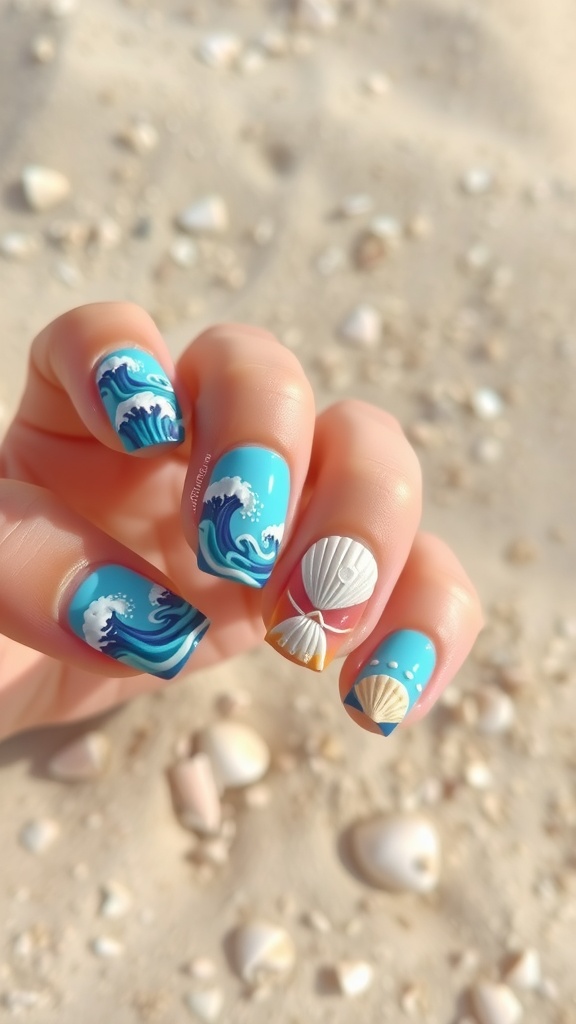 Ocean-inspired nail art featuring blue waves and a seashell on nails