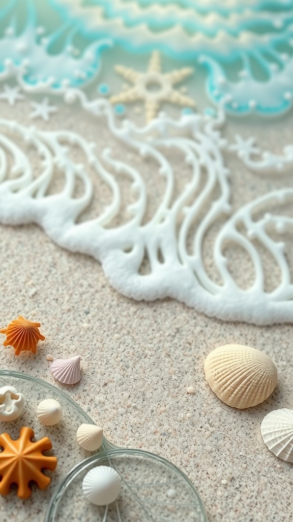 Ocean-inspired nail design featuring waves and seashells