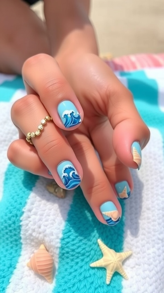 Short summer nails with ocean-inspired designs featuring waves and seashells.