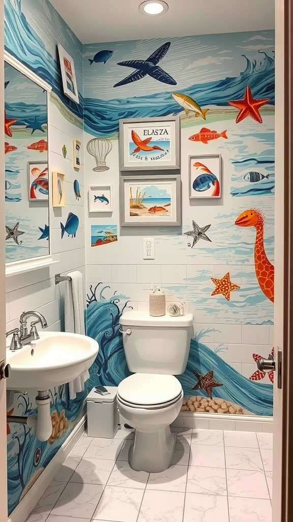 A coastal-themed bathroom with ocean-inspired mural and wall art featuring various sea creatures.