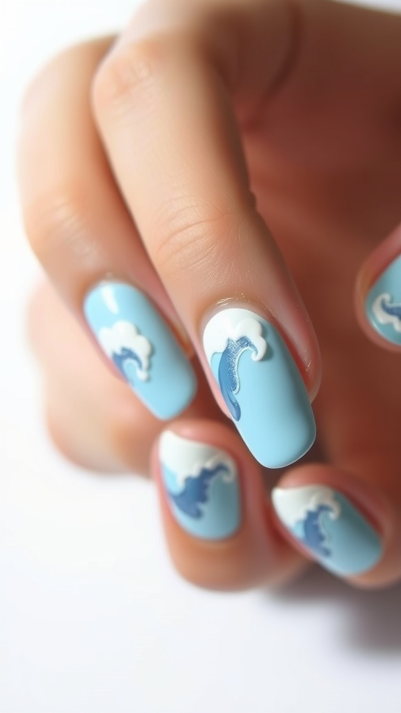 Nail art featuring light blue ocean wave design with shades of blue and white accents.