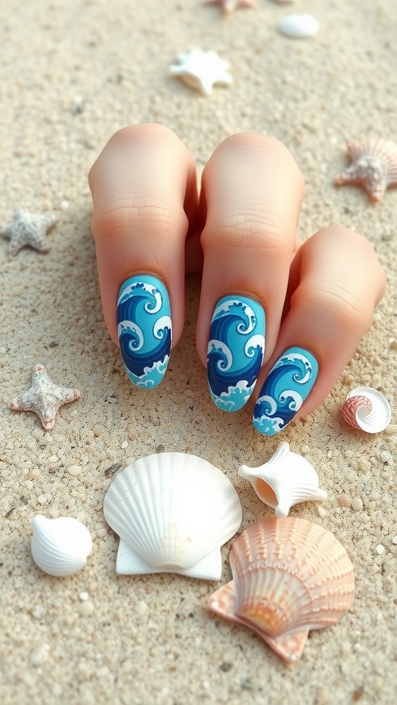 Nail art design featuring ocean waves in blue shades with seashells on sand.