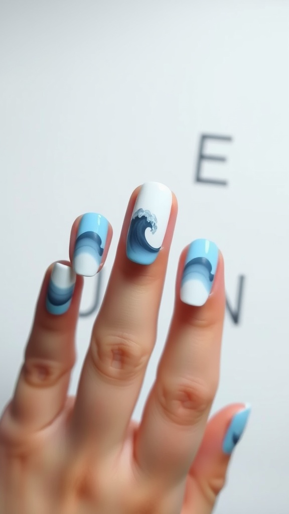Nails painted with ocean wave ombre effect in shades of blue and white