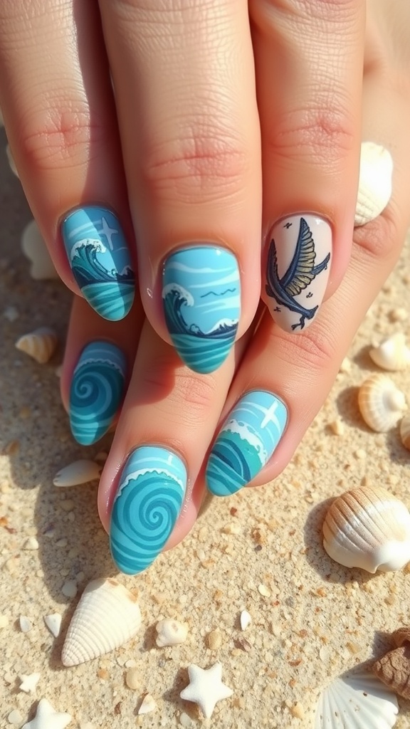 Ocean waves almond nail art design with blue shades and bird illustration