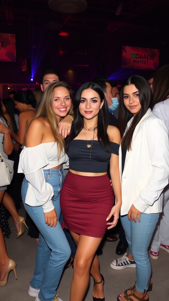 Three women in stylish outfits, featuring an off-shoulder top and fitted skirt.