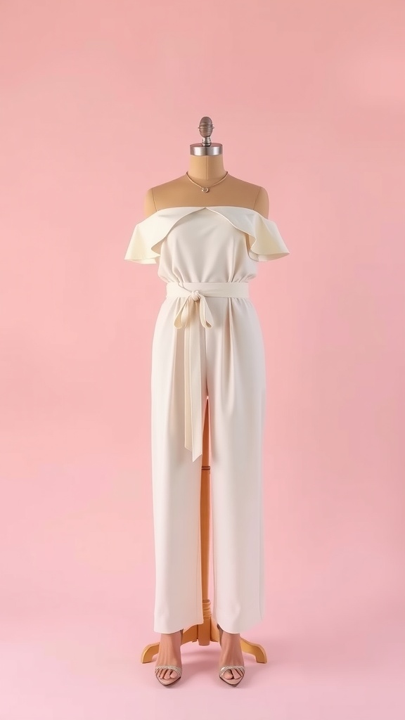 A stylish off-the-shoulder jumpsuit in soft fabric with ruffle details and a belted waist, displayed against a pink background.