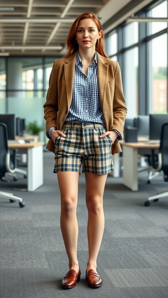 A woman in a brown blazer, checkered shirt, and gingham shorts, standing in an office setting.
