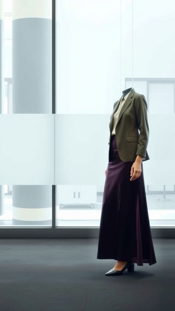 A silk maxi skirt paired with a blazer in a modern office setting, showcasing a professional outfit.