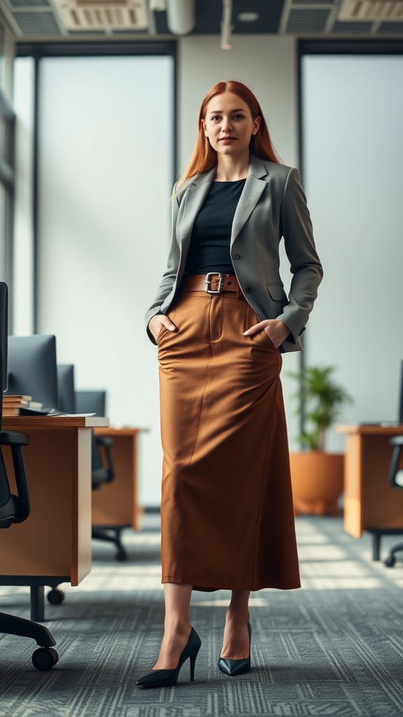 A woman in a gray blazer and brown maxi skirt stands confidently in an office setting.