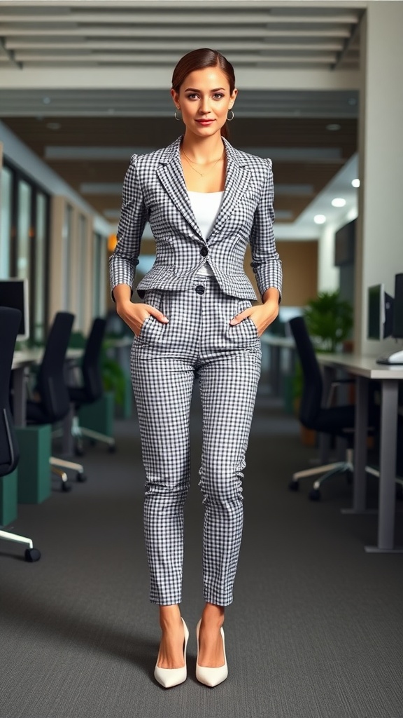 A professional woman wearing a gingham suit in an office setting.