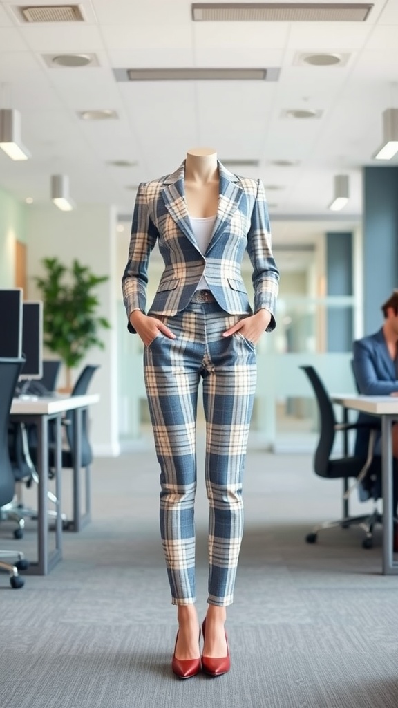 Stylish office outfit featuring gingham pants and a blazer, paired with red heels.