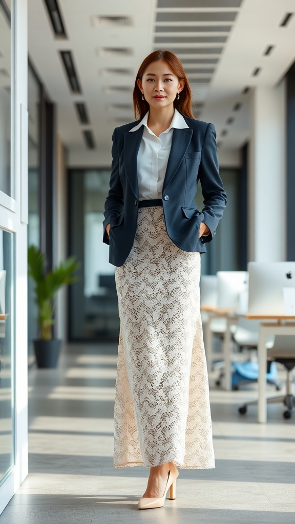 A woman in an office setting wearing a lace maxi skirt, white blouse, and navy blazer.
