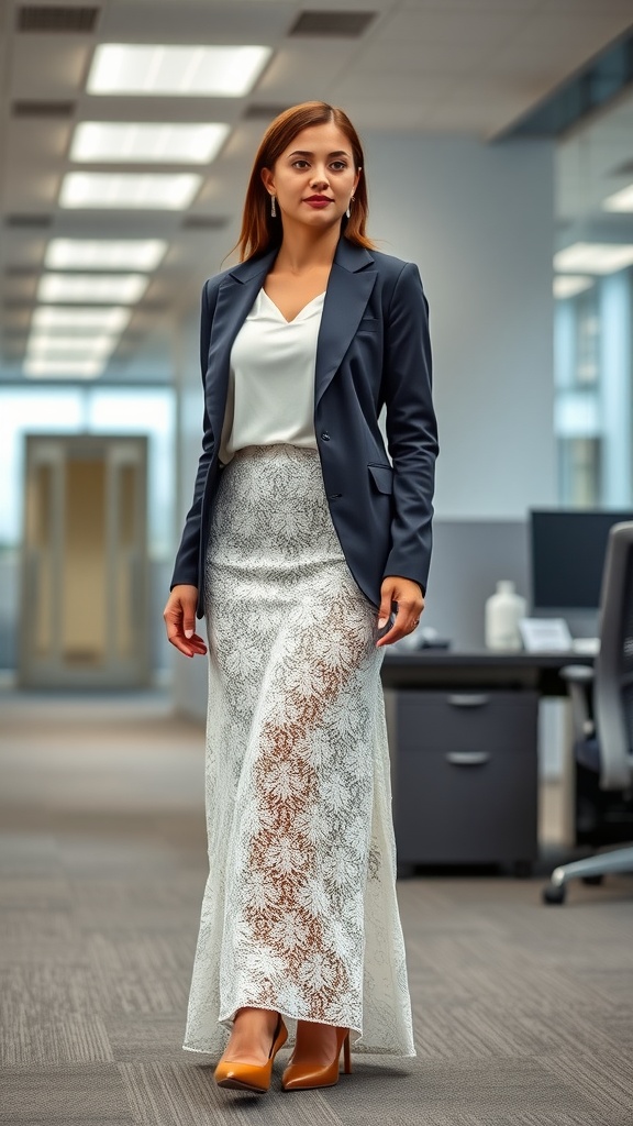 A woman wearing a lace maxi skirt and a blazer in an office setting.