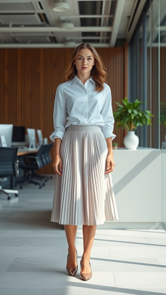 A woman in a pleated midi skirt and button-up shirt standing in an office setting.
