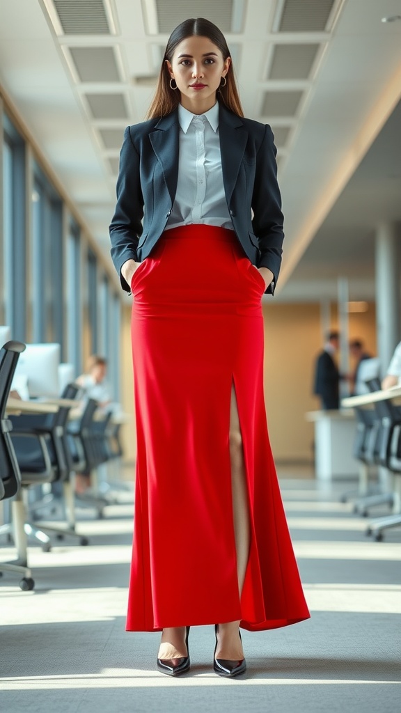 A woman in a stylish office outfit featuring a red maxi skirt and a white button-up shirt.