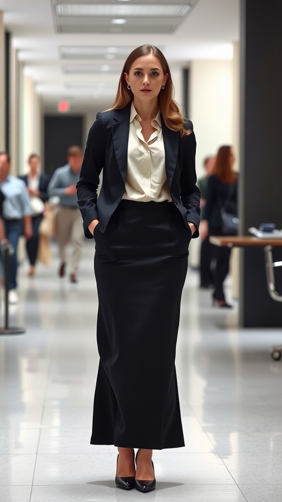 A woman wearing a black pencil skirt and blazer in a modern office setting.