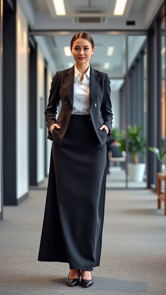 A woman in a tailored blazer and black maxi skirt, looking confident in an office setting.