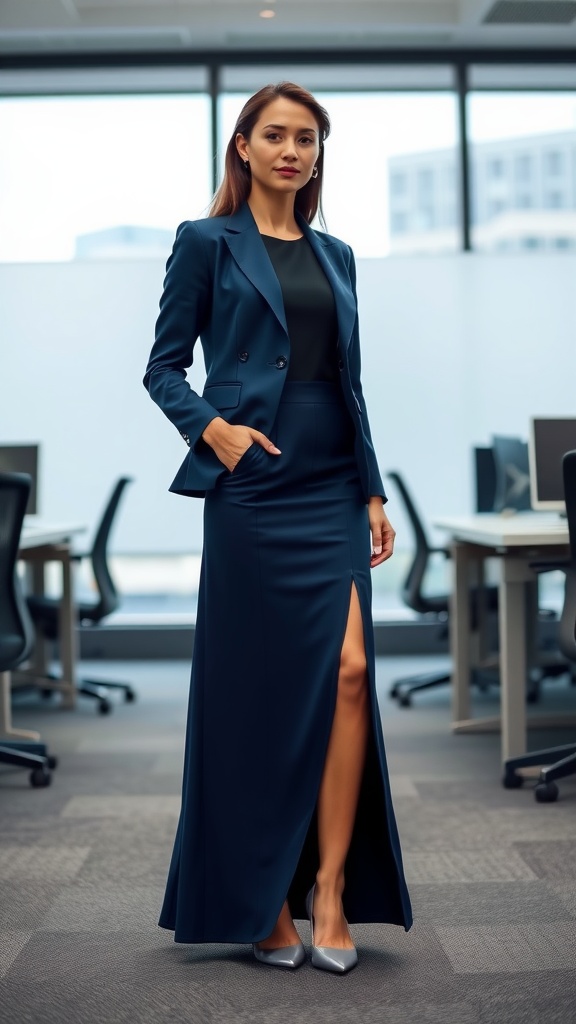 A woman in a tailored jacket and blue maxi skirt, standing confidently in an office setting.