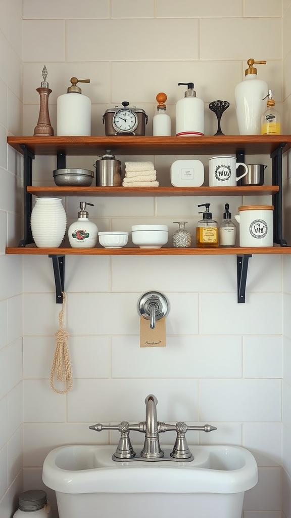 A vintage-styled bathroom shelf with various accessories and decor items.