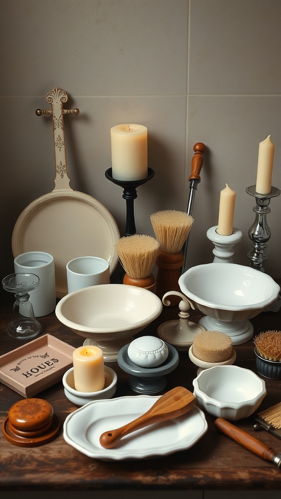 A collection of vintage bath accessories including ceramic bowls, candles, brushes, and wooden items on a wooden surface
