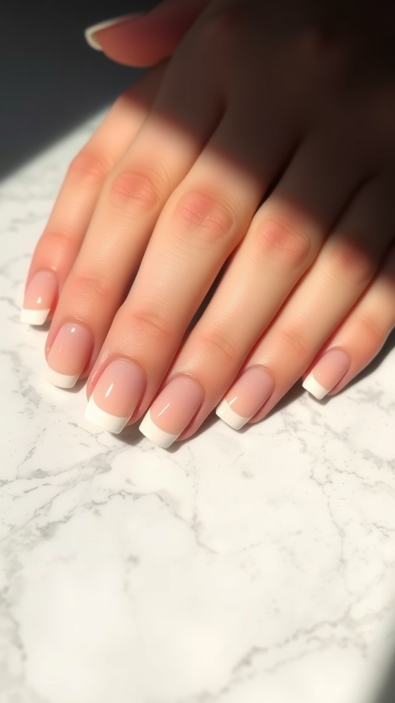 Close-up of almond-shaped nails with an ombre French tip design on a marble surface.
