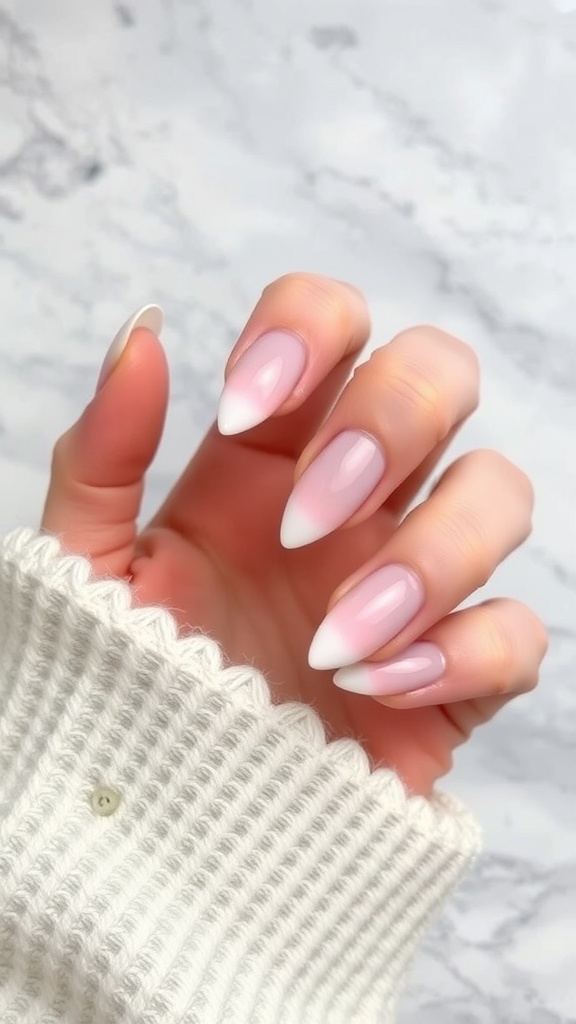 Ombre almond French tip nails with light pink base and white tips, resting on a knitted sweater