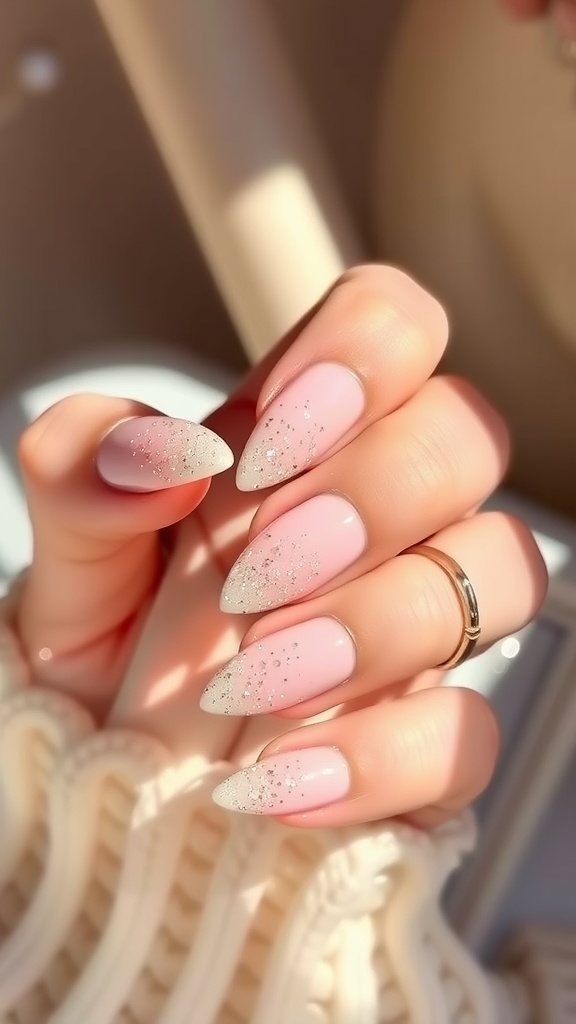 Ombre almond nail design featuring a pink base with glittery tips