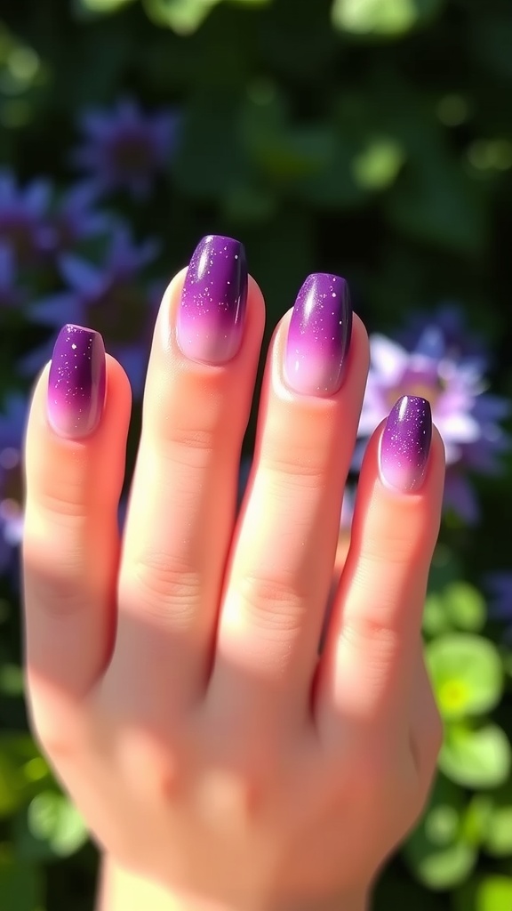 Almond-shaped nails with a purple ombre design and sparkles