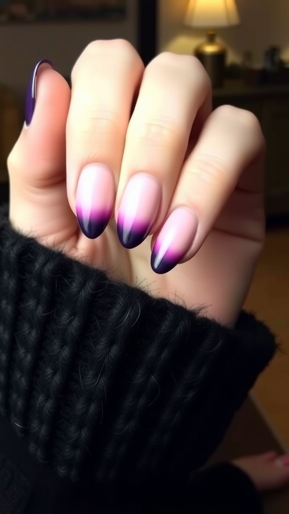 Close-up of almond-shaped nails featuring a purple ombre design.
