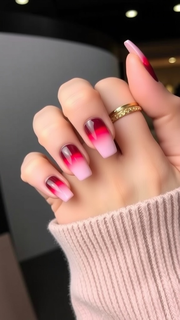 Close-up of ombre cherry-themed nail design featuring gradient from light pink to dark cherry red.
