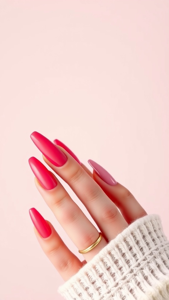 Ombre cherry nail design with vibrant red to pink gradient on long almond-shaped nails