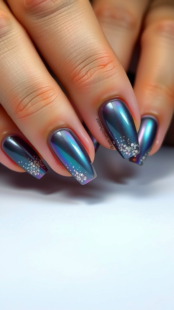 A close-up of ombre chrome French nails with a shiny gradient and sparkling tips.