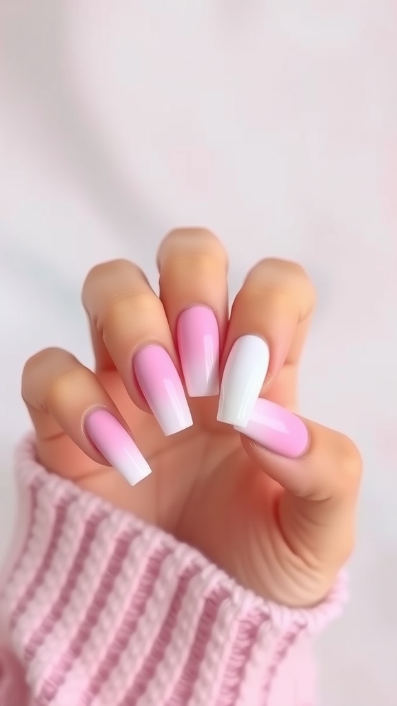 Cute short acrylic nails with an ombre effect in pink and white