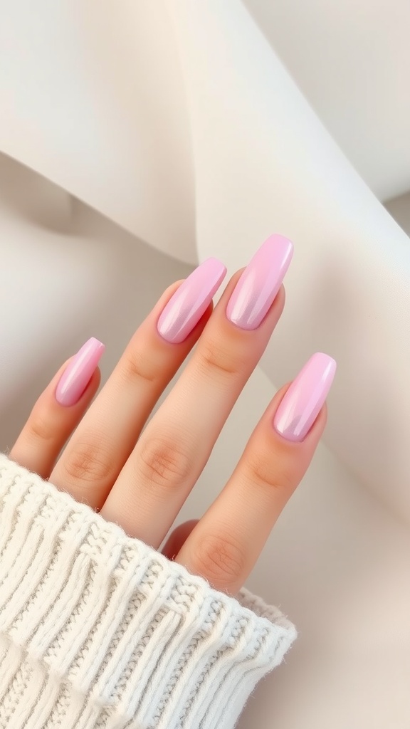 Nude pink chrome nails with an ombre effect, showing a shiny and elegant design.