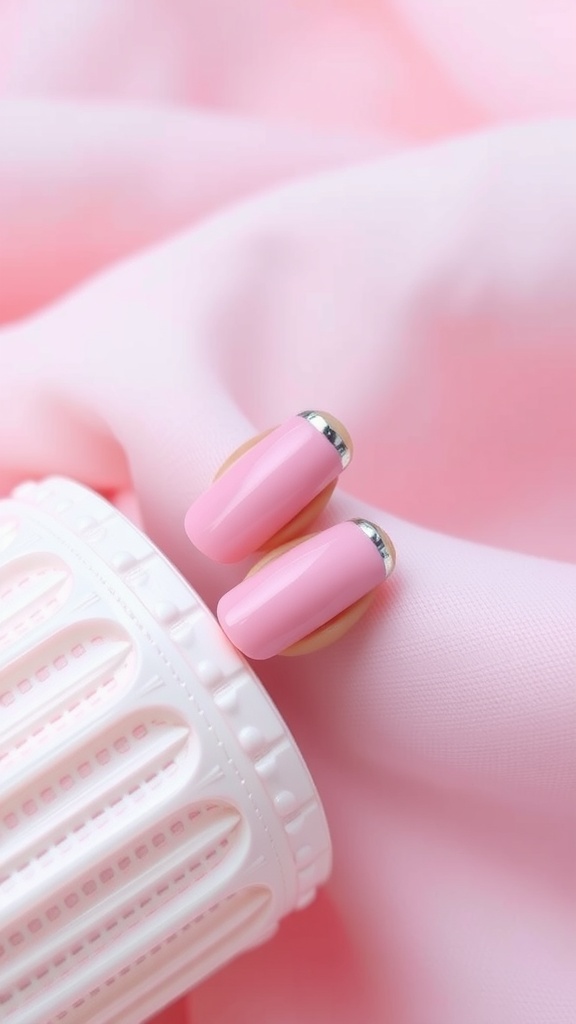 Close-up of pink chrome French tip nails with a shiny finish