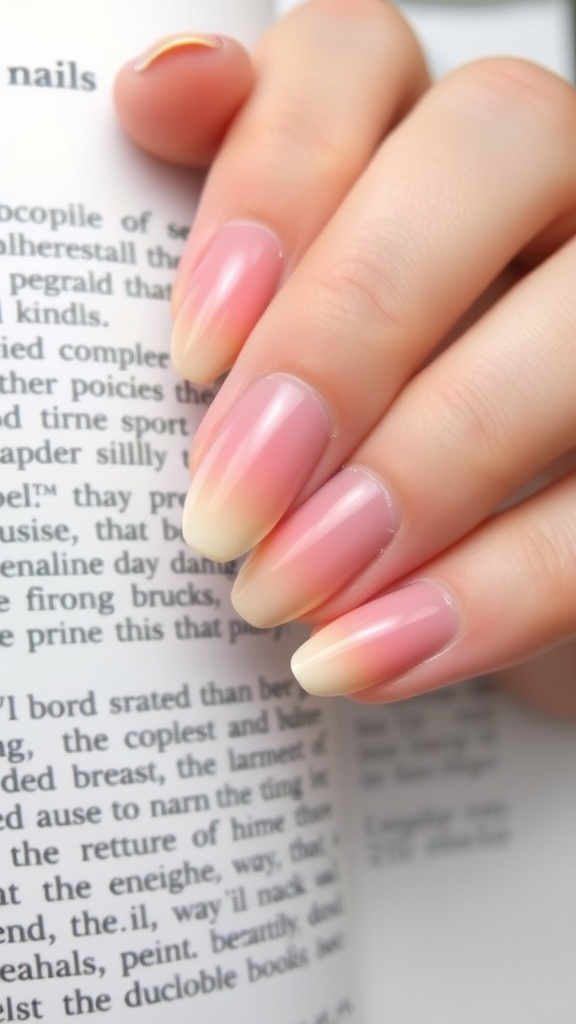 Short nails with an ombre effect in soft pink and cream colors.