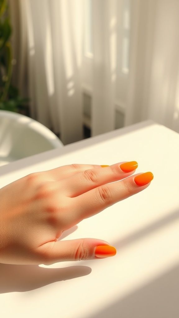 A close-up of a hand with ombre nails in shades of orange, showcasing a bright and cheerful design.
