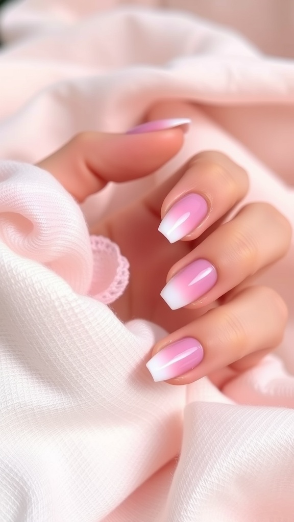 Nails with an ombre effect in baby pink with white tips, set against a soft pink background.
