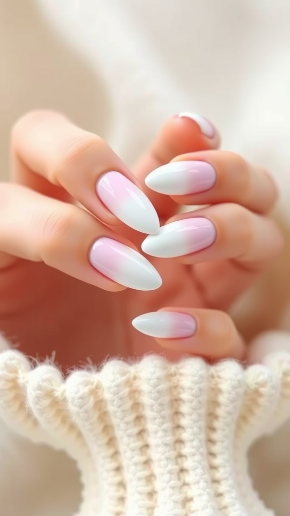 Ombre almond nails transitioning from pink to white