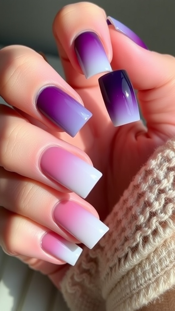 Square nails featuring a beautiful ombre effect with purple, pink, and white shades.